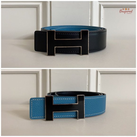 Authentic HERMES Black Smooth & Blue Pebbled Leather H Black Reversible Belt 85 main image 6